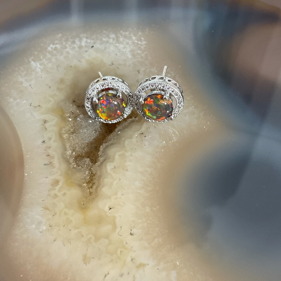 Sterling silver fire opal stud earrings cz halo NEW October Birthstone - Picture 7 of 9